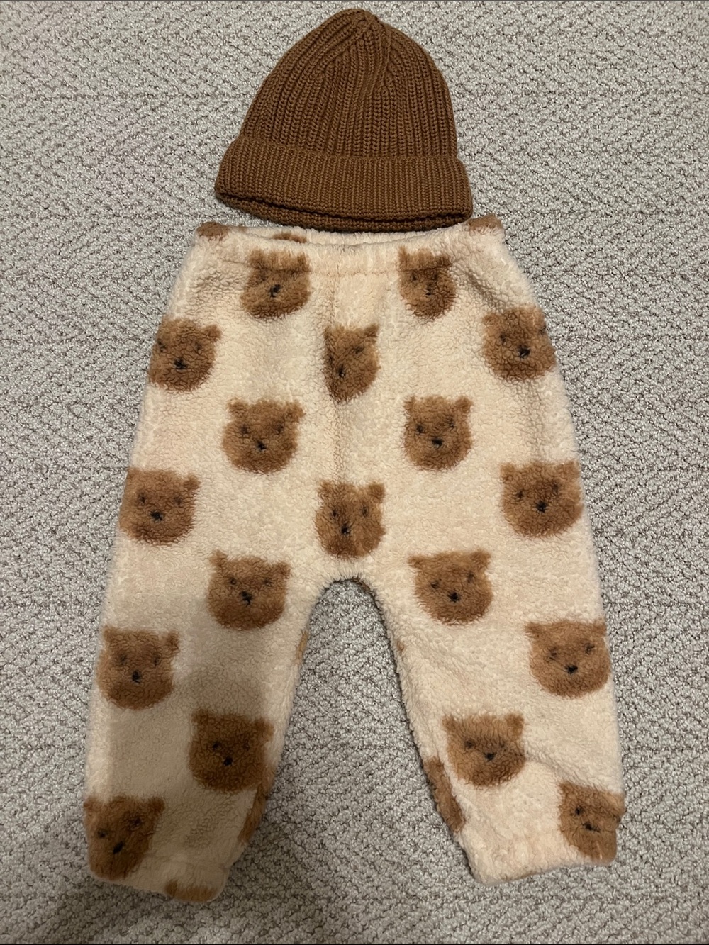 Cozy Bear Print Fuzzy Pants from Baby Gap and beanie
